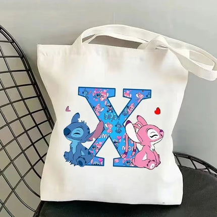 Disney Stitch Fashion Canvas Tote Bag for Women Anime Letter A-Z Printed Shoulder Bag Students Commute Portable Handbags Gifts