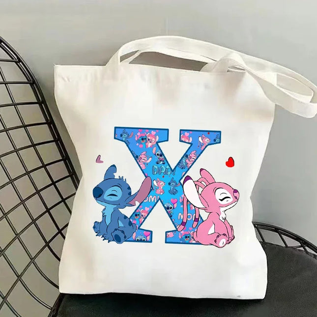 Disney Stitch Fashion Canvas Tote Bag for Women Anime Letter A-Z Printed Shoulder Bag Students Commute Portable Handbags Gifts