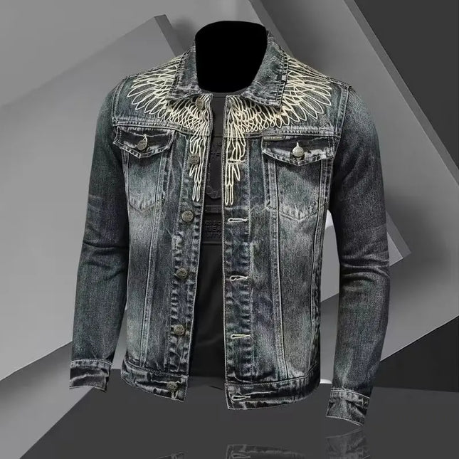 Y2K Retro Denim Jacket High Street Trendy Embroidered Lapel Motorcycle Jacket Loose Casual Fashion Versatile Men's Clothing