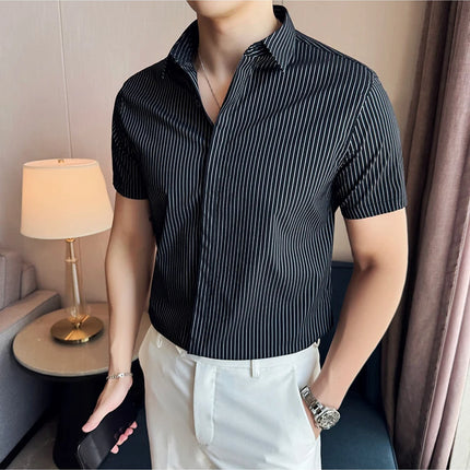 2024 Summer Fashion Vertical Striped Shirts Luxury Men's Hidden Button Short Sleeved Slim Fit Casual Business Shirt Men Clothing