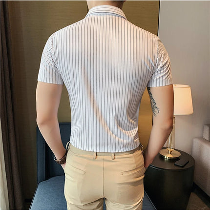 High Quality Ice Silk Traceless Striped Shirt Men's Summer Short Sleeve Slim Casual Business Shirts Tuxedo Men Clothing 4XL-M