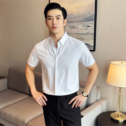 Plus Size 4XL-M High Quality Bamboo Fiber Fabric Dark Stripes Shirts Men Summer Slim Fit Casual Thin Breathable Social Shirt
