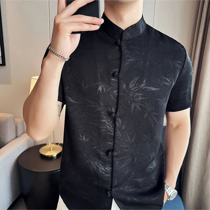 2024 Summer Chinese Style Standing Collar Shirts For Men Fashion Print Short Sleeve Slim Fit Casual Social Party Tuxedo 4XL-M
