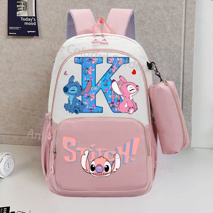 Disney Stitch Backpack with Pencil Bag for Students Anime High-capacity Schoolbag Boys Girls Letter A-Z Printed Backpacks Gifts