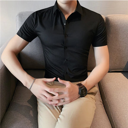 2025 Summer Ice Silk Seamless Shirt High Quality Silky Smooth Short Sleeve Slim Casual Business Tuxedo Shirts Mens Clothing 4XL