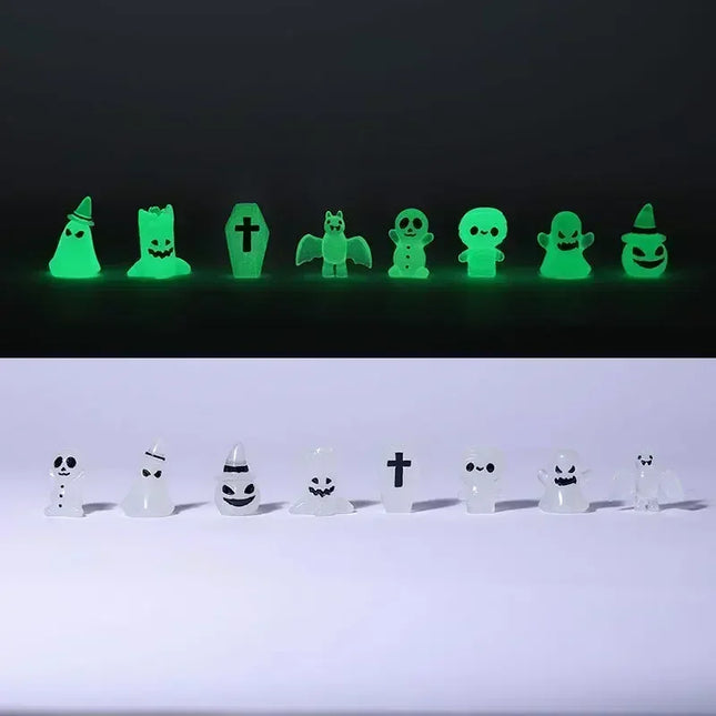8pcs Luminous Action Figures Glow in Dark Mini Coffin Pumpkin Bat Ghost Skull Mummy Micro Landscape Miniature for Home Decor