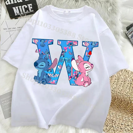 Disney Stitch T-shirts for Women Men Anime Letter A-Z Printed Short Sleeved Shirt Female Male Summer Fashion Top Adults Clothes