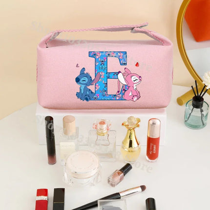 Disney Stitch Fashion Makeup Pouch for Women Anime High-capacity Cosmetic Bag Cartoon Letter A-Z Portable Handbag Washing Bags