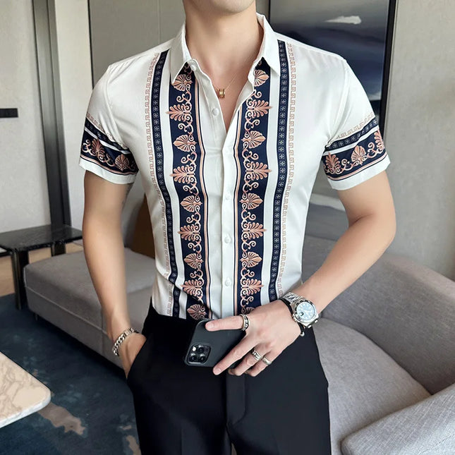 2023 Summer New Fashion Short Sleeve Print Shirt Men Slim Fit Business Social Party Dress Shirts Streetwear Plus Size 6XL-M