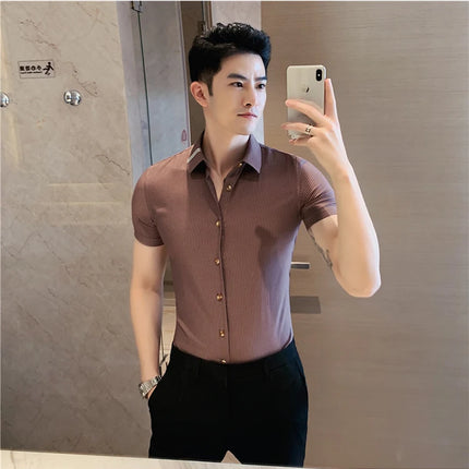 Summer High Quality Striped Ribbon Short Sleeve Shirt Men's Slim Fit Business Formal Wear Blouse Streetwear Plus Size 4XL-M