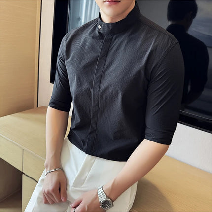 New Chinese Style Stand Up Collar Slim Fit Half Sleeved Shirts Men High Quality Striped Elegant Shirt Summer Social Party Dress