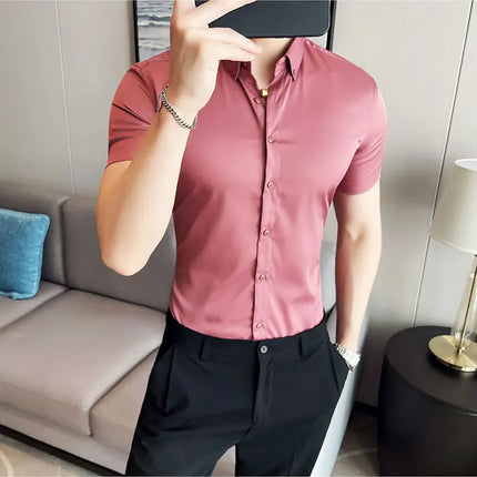 2025 Summer Solid Slim Fit Shirt High Quality Men Business Casual Short Sleeved Social Party Shirts Men Clothing Plus Size 5XL-M