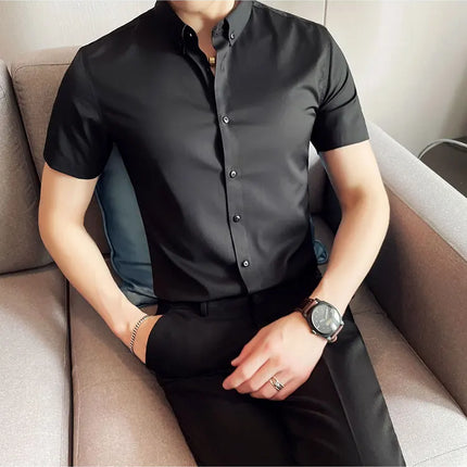 2025 Summer Solid Slim Fit Shirt High Quality Men Business Casual Short Sleeved Social Party Shirts Men Clothing Plus Size 5XL-M