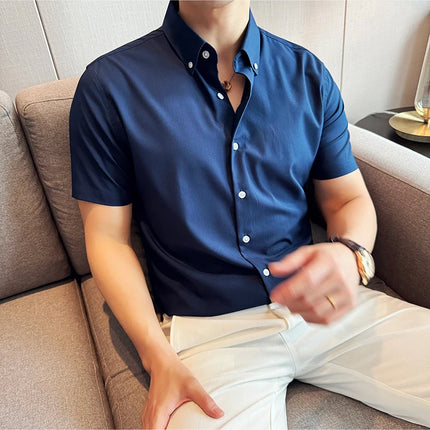 Plus Size 4XL-M High Quality Bamboo Fiber Fabric Dark Stripes Shirts Men Summer Slim Fit Casual Thin Breathable Social Shirt