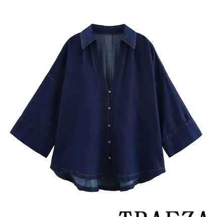 TRAFZA Vintage Casual Chic Women Cowboy Suit Single Breasted Loose Jackets Long Pants Fashion 2025 Spring Summer Denim Suits