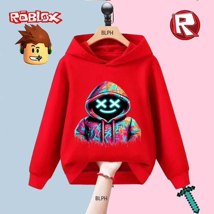 Kids Hoodie with Roblox Graffiti Design, Neon X - Eyes Smile Graphic, Colorful Drip - Paint Style, Fashion Streetwear for Boys