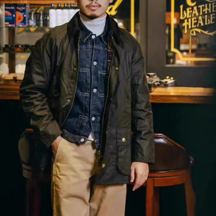 B@r American retro classic oil wax lapel jacket jacket men and women the same Ashy hunting