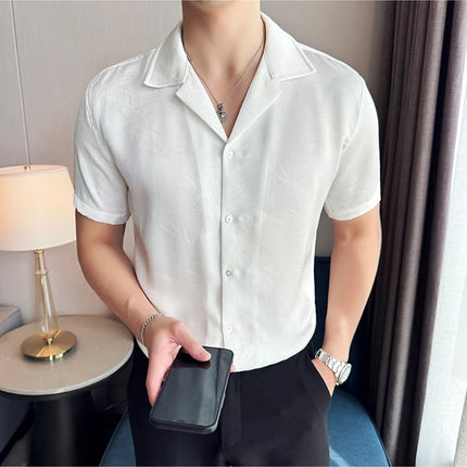 New Chinese Jacquard Shirt Luxury Men Elegant Print Slim Fit Casual Prom Social Shirts High Quality Summer Short Sleeved Tuxedo