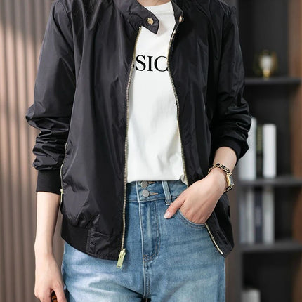 Baseball Aviator Coat Woman Zip-up Black Spring Autumn Plain Bomber Jacket for Women 2025 Trend Fashion High Quality Long Sleeve