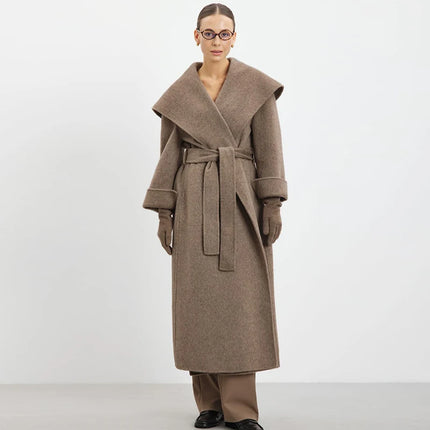 Elegant Shawl Collar Lace Up Long Woolen Coat Women Full Sleeve Belt Lapel Thick Overcoat 2025 Autumn Winter Lady Chic Outwear