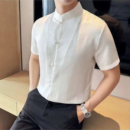 2024 Summer Chinese Style Standing Collar Shirts For Men Fashion Print Short Sleeve Slim Fit Casual Social Party Tuxedo 4XL-M