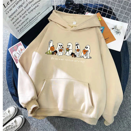 Do You Want Play With Me Halloween Ghost Sweatshirt Cute Halloween Pullover Halloween Women's Hoodie Spooky Season Sweatshirts