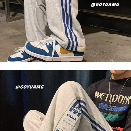 American Style High Street Pants Men's Fall Winter Trendy Brand Fleece-Lined Casual Sports Striped Waist-Defining Loose Fit Vers