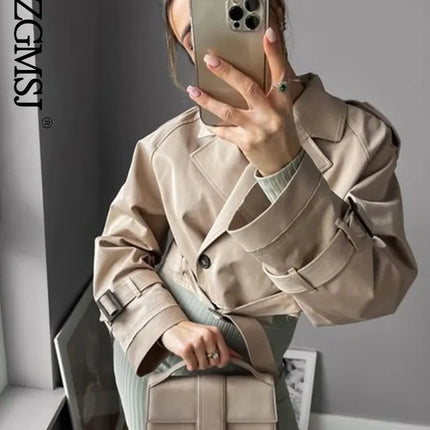 2024 Belt Cropped Trench Spring Jacket Women Vintage Streetwear Double Breasted Long Sleeve Top Female Coat Outfits