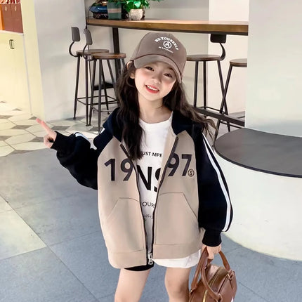 Spring Autumn Girls Cotton Contrast Striped Zip Sweatshirt Jacket School Kids Track Hoodie Child Work Jumper Coat Tops 3-16Years