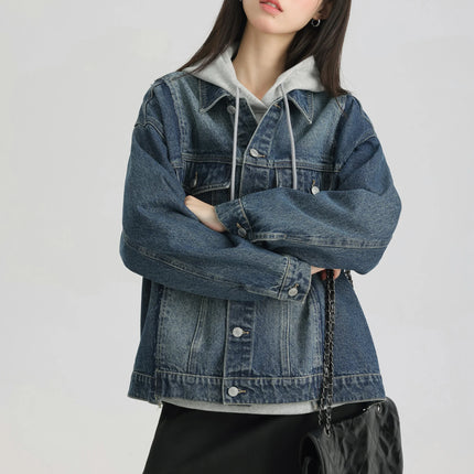 Women Retro Washed Denim Jacket Spring 2025 Oversized Drop Shoulder Loose Fit Casual Fashionable Lapel Collar Chic Jean Coat