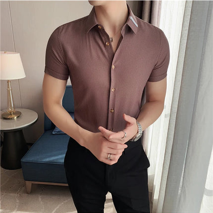 Summer High Quality Striped Ribbon Short Sleeve Shirt Men's Slim Fit Business Formal Wear Blouse Streetwear Plus Size 4XL-M