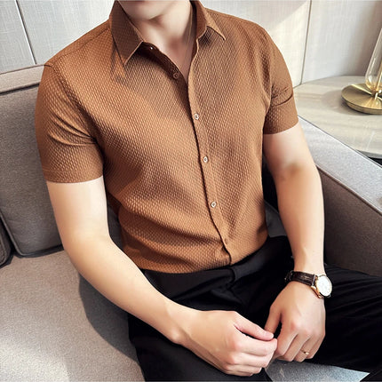 2024 Summer Waffle Shirt Luxury Men's Slim Fit Casual Short Sleeved Business Versatile Dress Shirt Men Clothing Plus Size 4XL-M