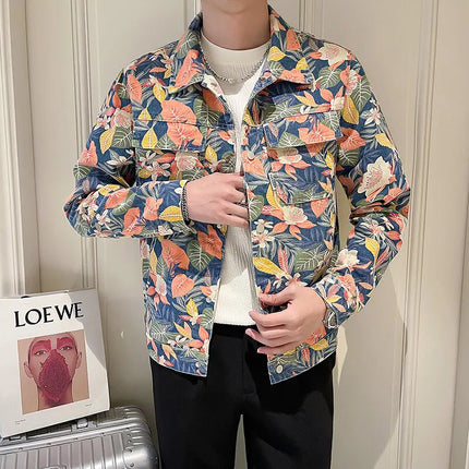 Men's Printed Denim Jacket in Red, Single Breasted Square Collar Coat, White Blue Trim, Asian Size M-4XL