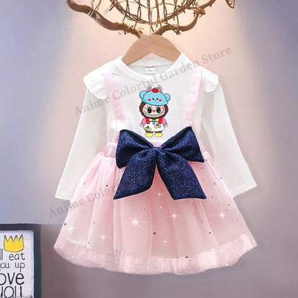Labubu Sweet Mesh Dress with Bow for Girls Anime Cartoon Cute Suspender Skirt Children Spring Fashion Fake Two Dresses Gifts