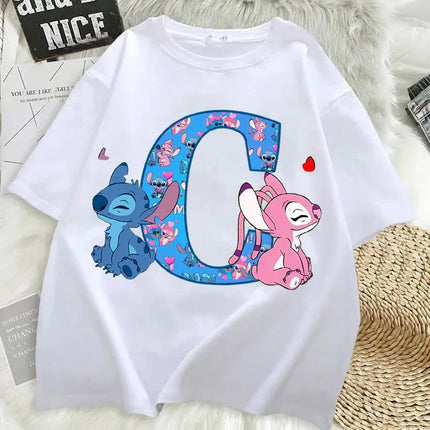 Disney Stitch T-shirts for Women Men Anime Letter A-Z Printed Short Sleeved Shirt Female Male Summer Fashion Top Adults Clothes