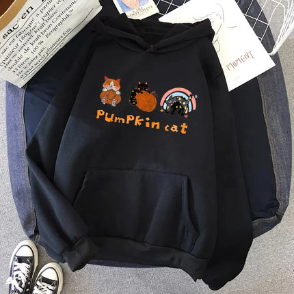 2024 Women Halloween Sweatshirt Cat And Pumpkin Pattern Cotton Drawstring Jumper Hoodie Unisex Fashion Casual Loose Sportshoodie