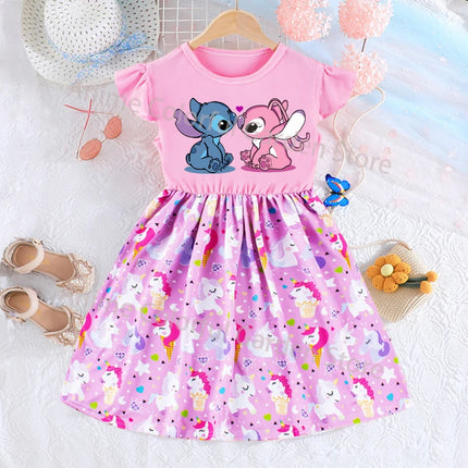 Disney Lilo & Stitch Fashion Dress for Girls Anime Cartoon Cute Skirt Children Summer Sweet Cute Dresses Kids Birthday Gifts