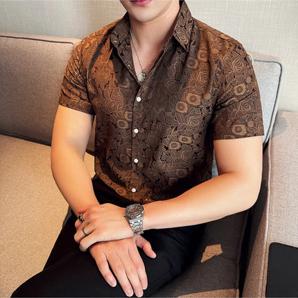 2025 Summer New Flower Shirts Men Short Sleeve Retro Casual Shirts Fashion Versatile Business Slim Social Party Tuxedo Blouse