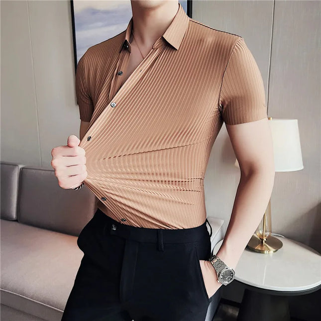 2024 Summer High Elasticity Seamless Short Sleeve Shirts Fashion Stripes Men Business Formal Wear Slim Fit Casual Dress Shirt