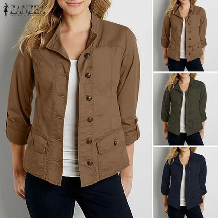 Stylish Spring Jackets Women Vintage OL Coats ZANZA Casual Long Sleeve O-Neck Outwear Solid Buttons Down Coat Female Tops 2024