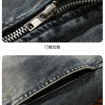 Luxury retro standing collar denim jacket for men's spring and autumn trendy brand loose oversized motorcycle jacket cotton
