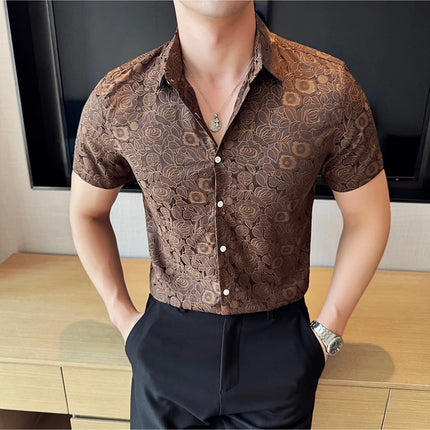 2025 Summer New Flower Shirts Men Short Sleeve Retro Casual Shirts Fashion Versatile Business Slim Social Party Tuxedo Blouse