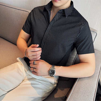 2024 Summer Fashion Vertical Striped Shirts Luxury Men's Hidden Button Short Sleeved Slim Fit Casual Business Shirt Men Clothing