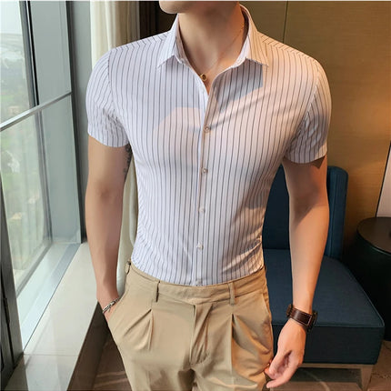 High Quality Ice Silk Traceless Striped Shirt Men's Summer Short Sleeve Slim Casual Business Shirts Tuxedo Men Clothing 4XL-M