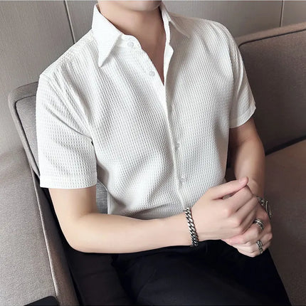 2023 Summer Waffle Short Sleeved Shirt Men Fashion Casual Solid Color Lapel Loose Shirt Male Korean Social Business Dress Blouse