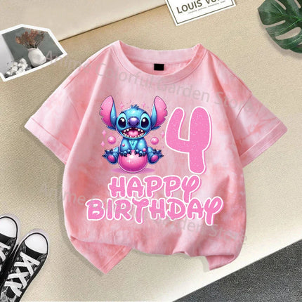 Disney Stitch Tie-dye T-shirts for Children Anime Cartoon Number Printed Short Sleeved Shirt Boys Girls Summer Fashion Top Gifts