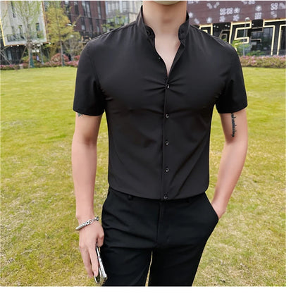 Men's Summer Fashion Stand Collar Business Casual Short Sleeve Shirt Luxury Slim Fit Solid Dress Shirt Brand Men Clothes 5XL-M