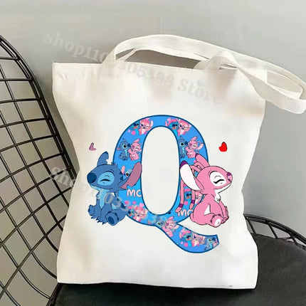 Disney Stitch Fashion Canvas Tote Bag for Women Anime Letter A-Z Printed Shoulder Bag Students Commute Portable Handbags Gifts