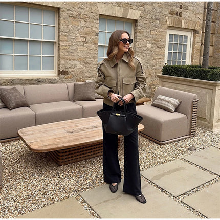 Vintage Women's Short Jacket Pockets Zipper Full Sleeve Khaki Green Thick Coats 2025 Spring Autumn Lady Loose Street Outwear