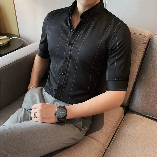 Black/White Summer Half Sleeve Striped Shirts Men 2023 Fashion Business Slim Fit Casual Blouse Social Tuxedos Plus Size 5XL-M